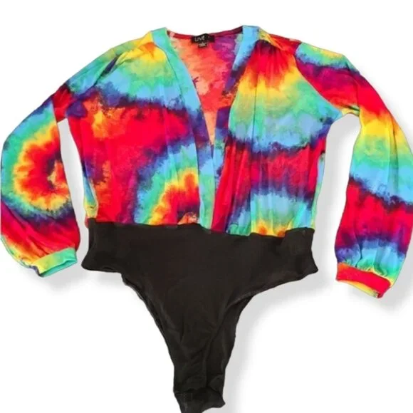 LOVE BRAND Rainbow Tie Dye Long Sleeve Bodysuit L Pride Festival Rave Faux Wrap - Picture 10 of 16